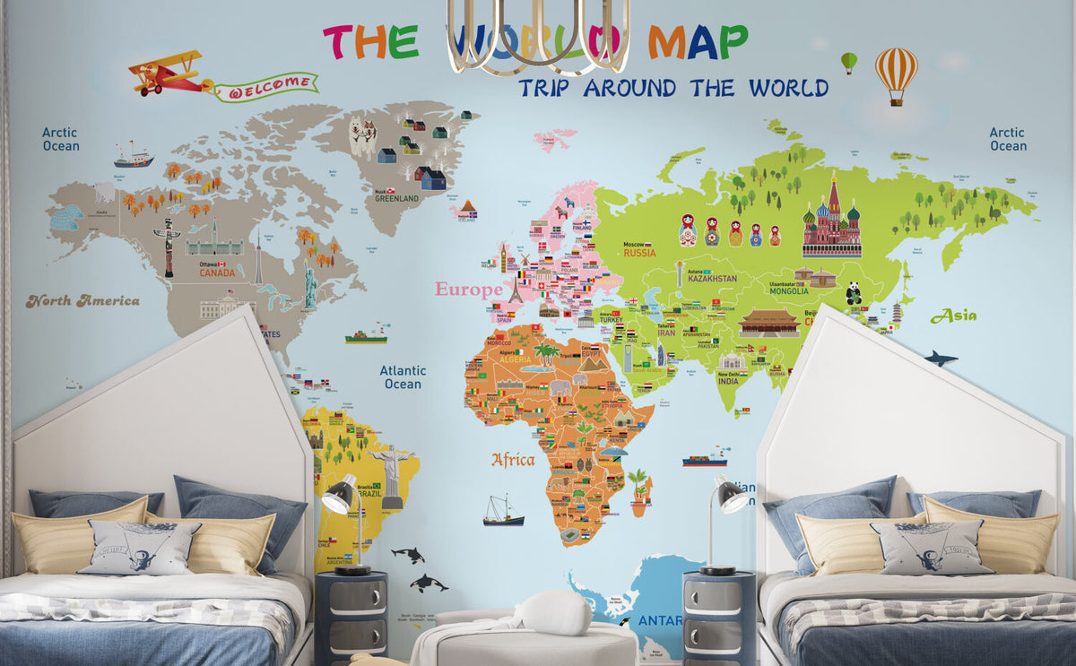 Educational World Map Wallpaper : Sky Blue Landmarks and Flags Kids Mural - View 2