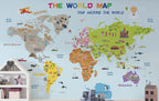 Educational World Map Wallpaper : Sky Blue Landmarks and Flags Kids Mural - View 3