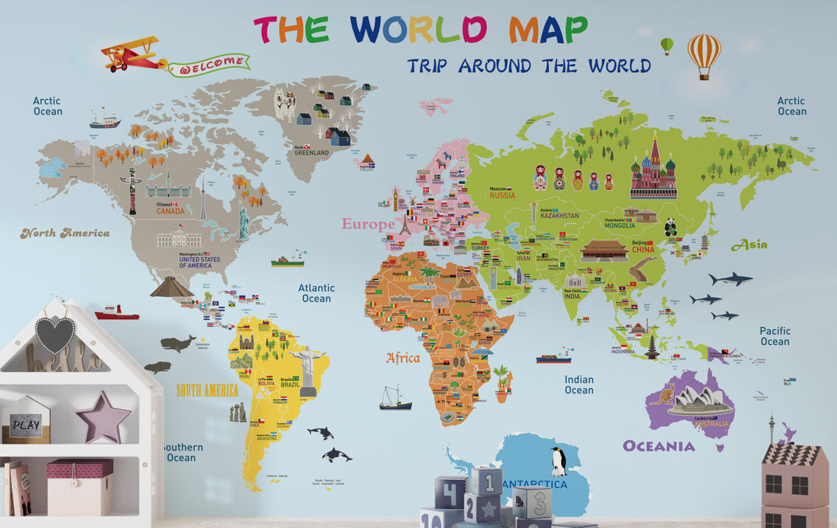 Educational World Map Wallpaper : Sky Blue Landmarks and Flags Kids Mural - View 3