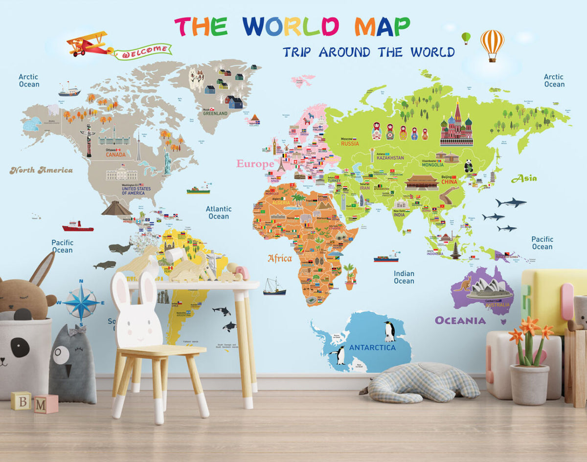 Educational World Map Wallpaper : Sky Blue Landmarks and Flags Kids Mural