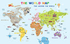 Educational World Map Wallpaper : Sky Blue Landmarks and Flags Kids Mural - flat design