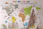 Educational World Map Wallpaper : Blush Pink Landmarks and Flags Kids Mural - View 2