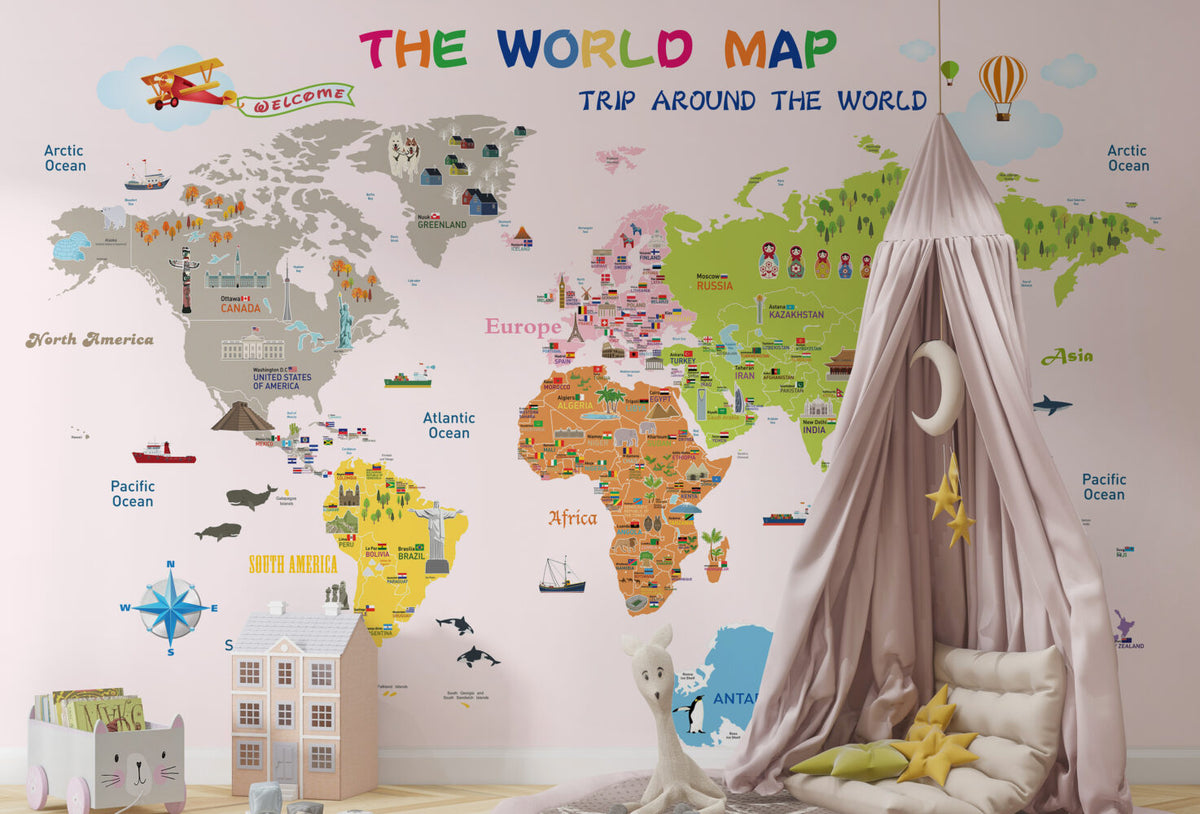 Educational World Map Wallpaper : Blush Pink Landmarks and Flags Kids Mural - View 2