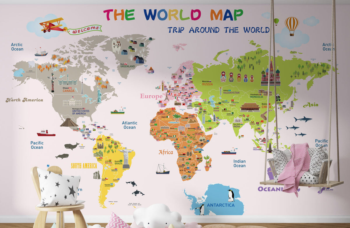 Educational World Map Wallpaper : Blush Pink Landmarks and Flags Kids Mural
