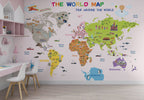 Educational World Map Wallpaper : Blush Pink Landmarks and Flags Kids Mural - View 3