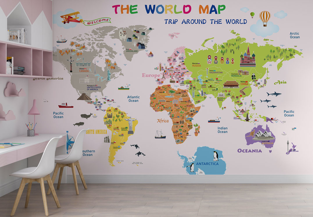 Educational World Map Wallpaper : Blush Pink Landmarks and Flags Kids Mural - View 3