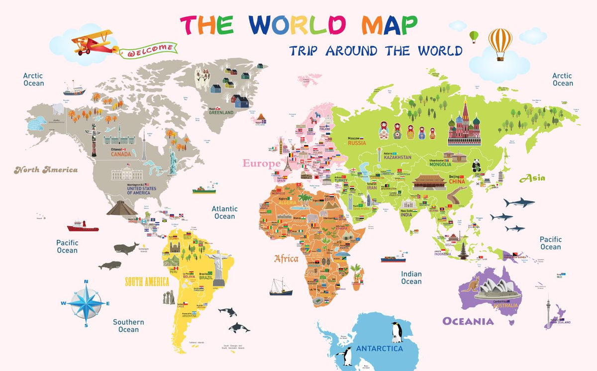 Educational World Map Wallpaper : Blush Pink Landmarks and Flags Kids Mural - flat design