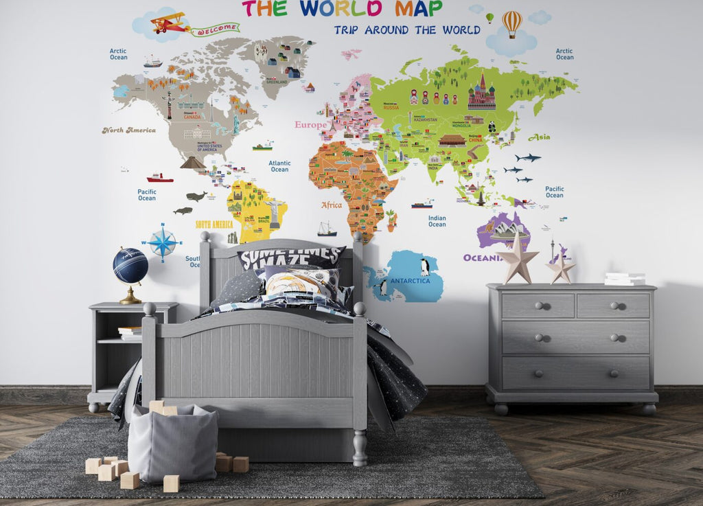 Educational World Map Wallpaper : Bright White Landmarks and Flags Kids Mural - View 2