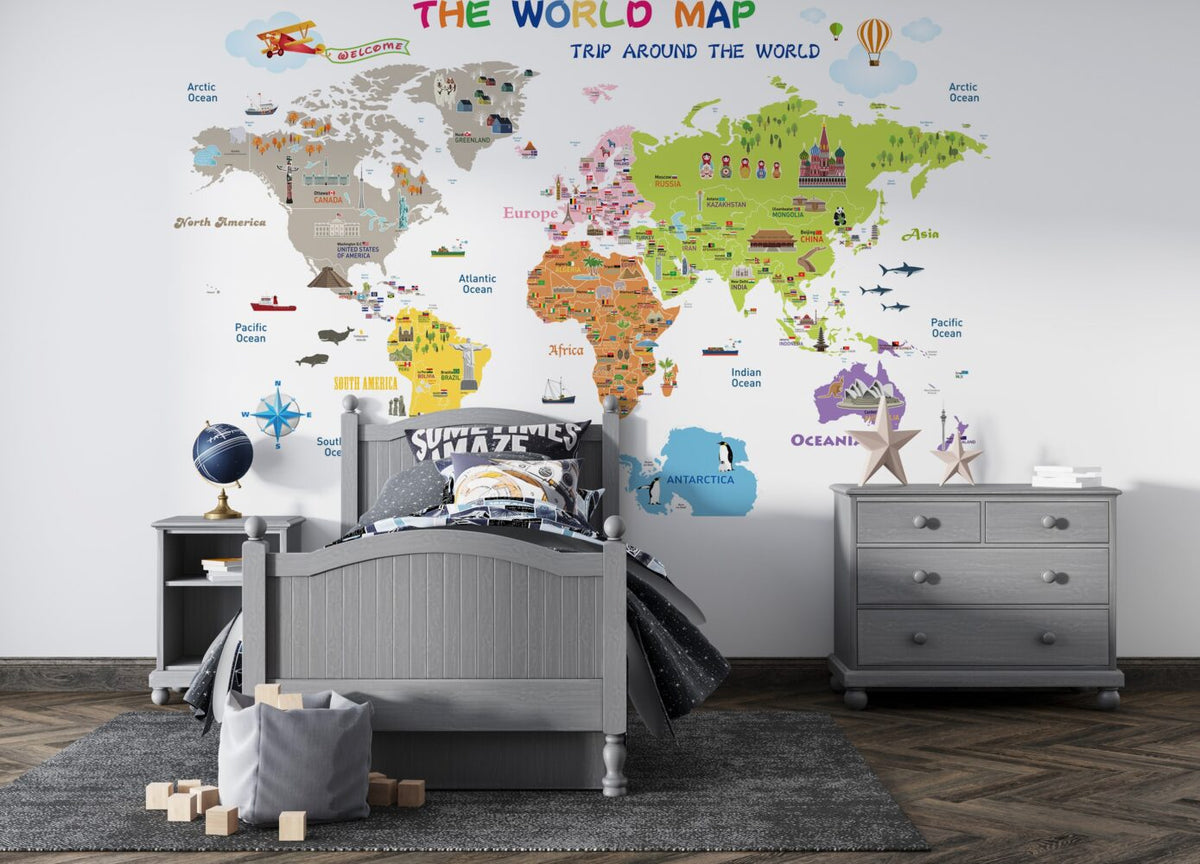 Educational World Map Wallpaper : Bright White Landmarks and Flags Kids Mural - View 2