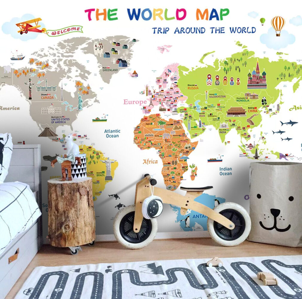 Educational World Map Wallpaper : Bright White Landmarks and Flags Kids Mural