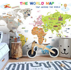 Educational World Map Wallpaper : Bright White Landmarks and Flags Kids Mural