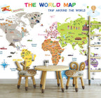 Educational World Map Wallpaper : Bright White Landmarks and Flags Kids Mural - View 3
