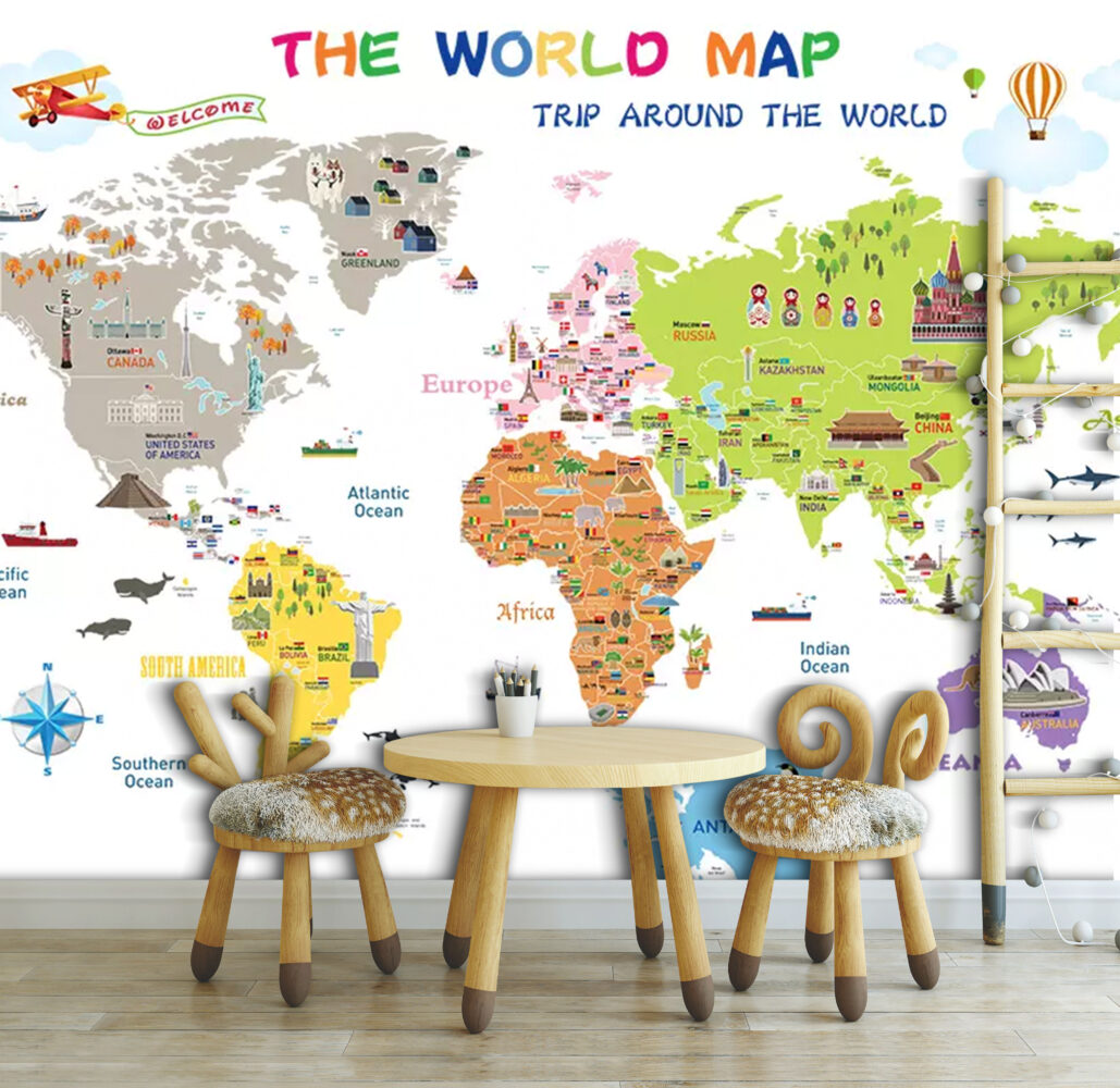 Educational World Map Wallpaper : Bright White Landmarks and Flags Kids Mural - View 3