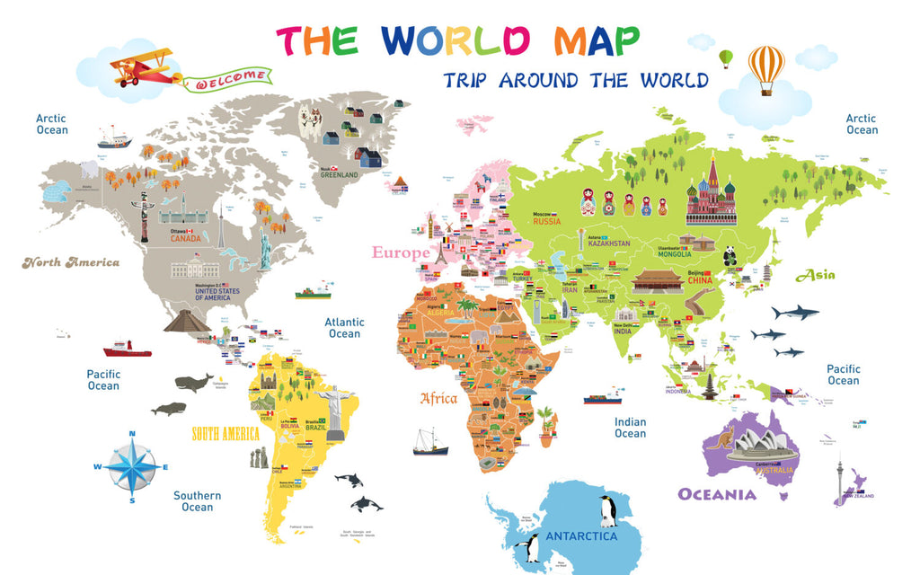 Educational World Map Wallpaper : Bright White Landmarks and Flags Kids Mural - flat design