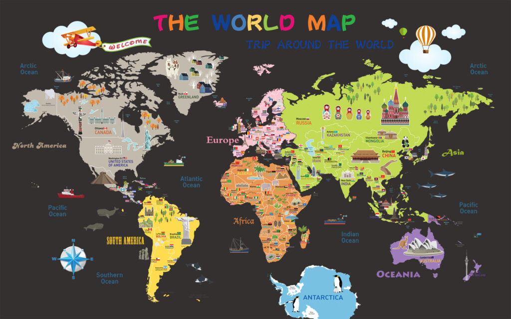 Dark Kids Landmarks World Map Wallpaper : Flags and Monuments Mural - View 2