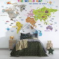 Kids Landmarks World Map Wallpaper : White Background Flags Mural