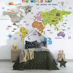 Kids Landmarks World Map Wallpaper : White Background Flags Mural