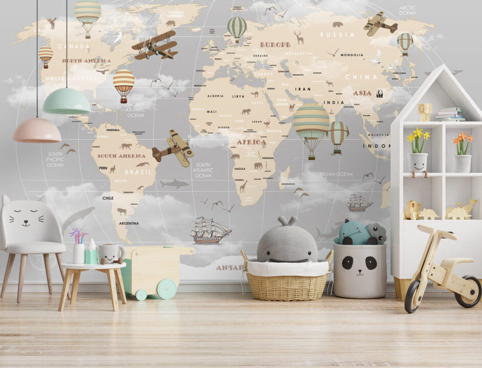 Kids Adventure Map Wallpaper : Grey Ocean Airplanes and Ships Mural