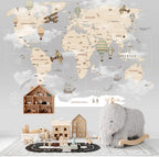 Grey Kids World Map Wallpaper : Biplanes, Balloons and Tall Ship Mural