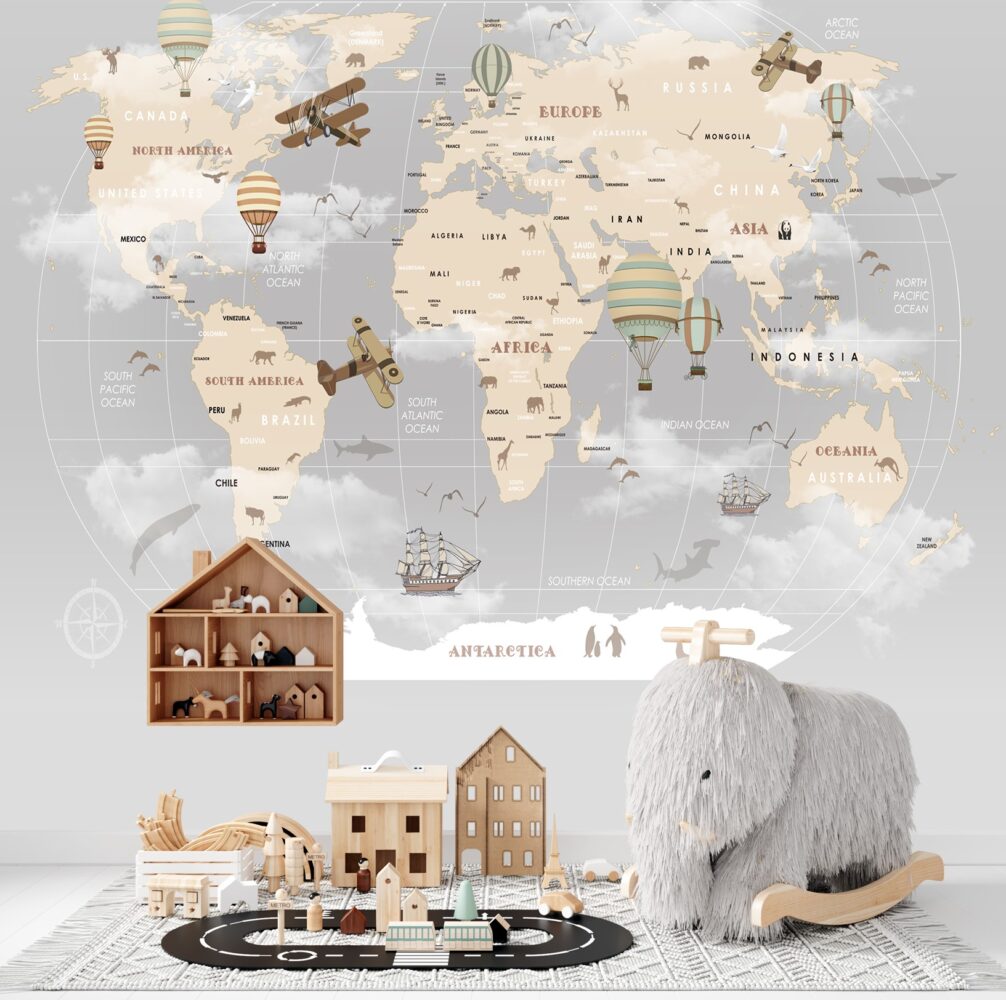 Grey Kids World Map Wallpaper : Biplanes, Balloons and Tall Ship Mural