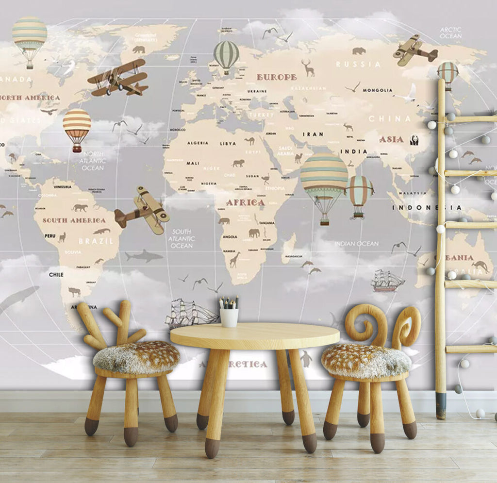 Grey Kids World Map Wallpaper : Biplanes, Balloons and Tall Ship Mural - View 2