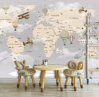 Grey Kids World Map Wallpaper : Biplanes, Balloons and Tall Ship Mural - View 2