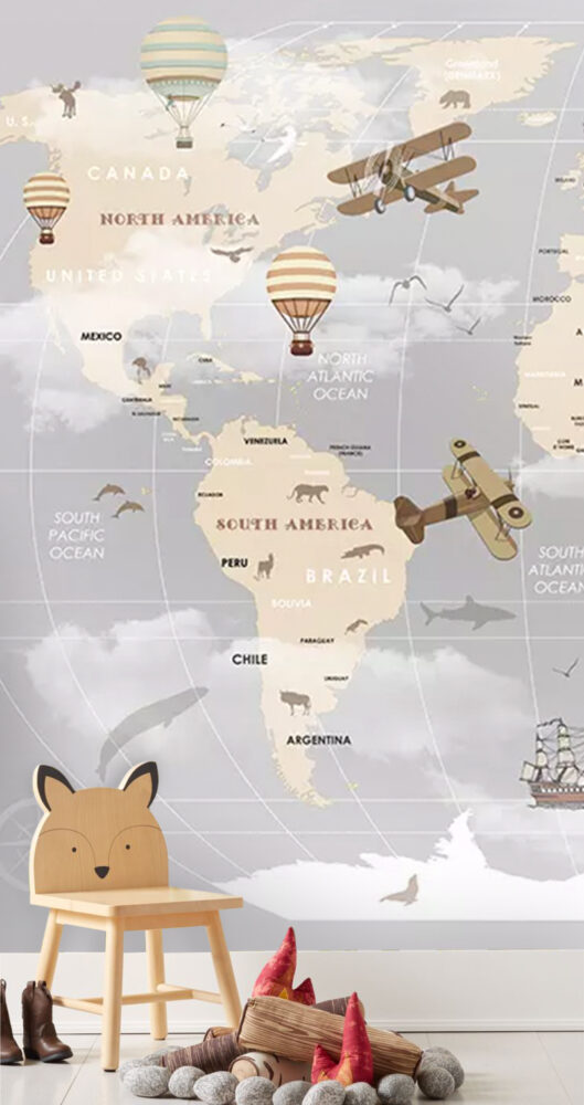 Grey Kids World Map Wallpaper : Biplanes, Balloons and Tall Ship Mural - View 3