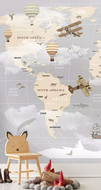 Kids Adventure Map Wallpaper : Grey Ocean Airplanes and Ships Mural - View 5