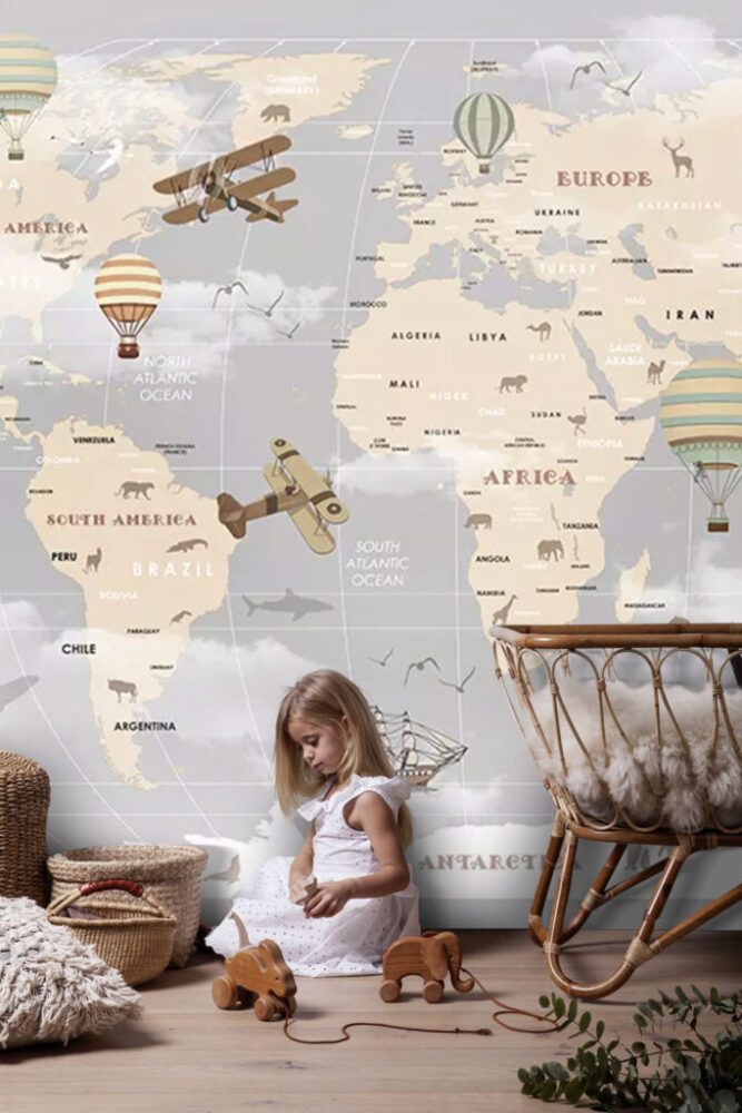Kids Adventure Map Wallpaper : Grey Ocean Airplanes and Ships Mural - View 4