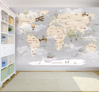 Kids Adventure Map Wallpaper : Grey Ocean Airplanes and Ships Mural - View 3