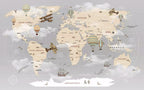 Grey Kids World Map Wallpaper : Biplanes, Balloons and Tall Ship Mural - flat design