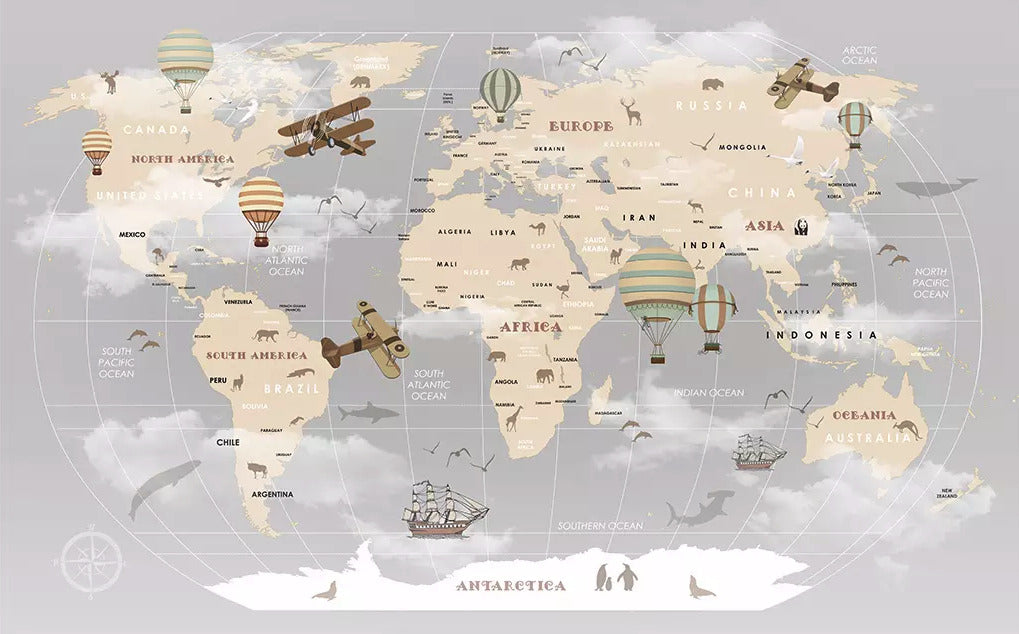 Grey Kids World Map Wallpaper : Biplanes, Balloons and Tall Ship Mural - flat design