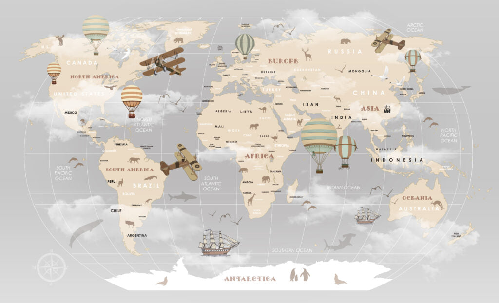 Kids Adventure Map Wallpaper : Grey Ocean Airplanes and Ships Mural - View 2