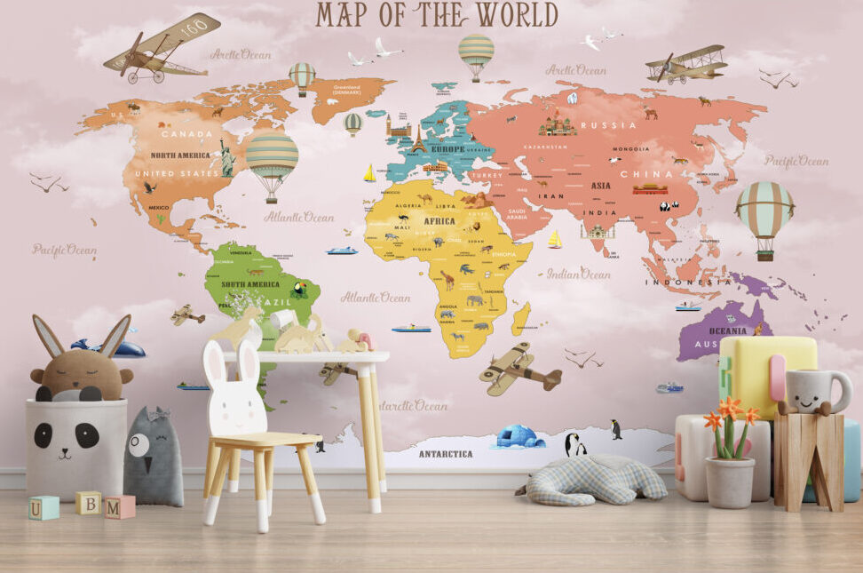 Colourful Kids World Map Wallpaper : Pink Sky Animal Atlas Mural