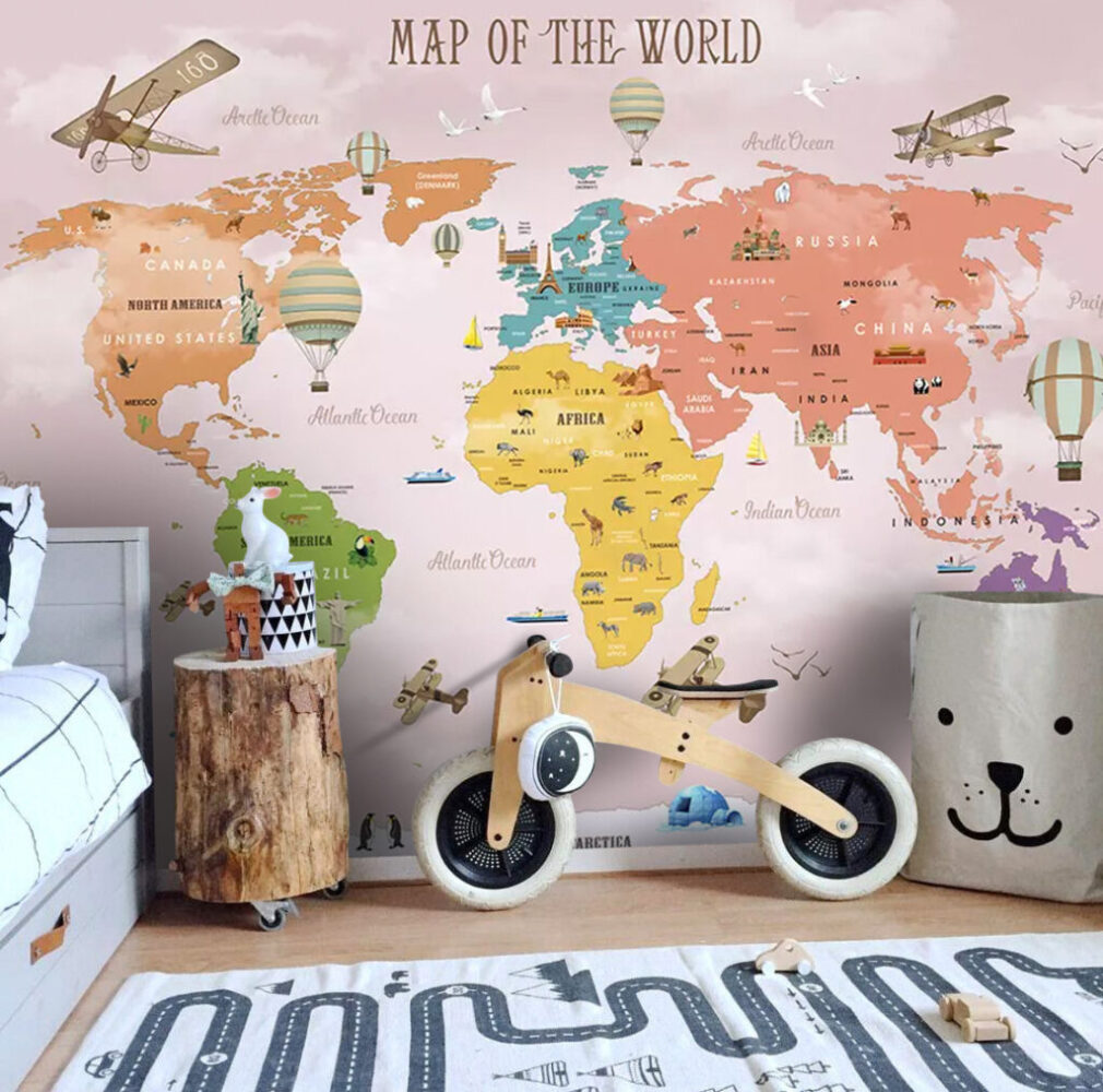 Colourful Kids World Map Wallpaper : Pink Sky Animal Atlas Mural - View 2