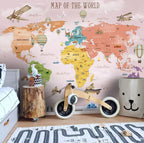 Colourful Kids World Map Wallpaper : Pink Sky Animal Atlas Mural - View 2