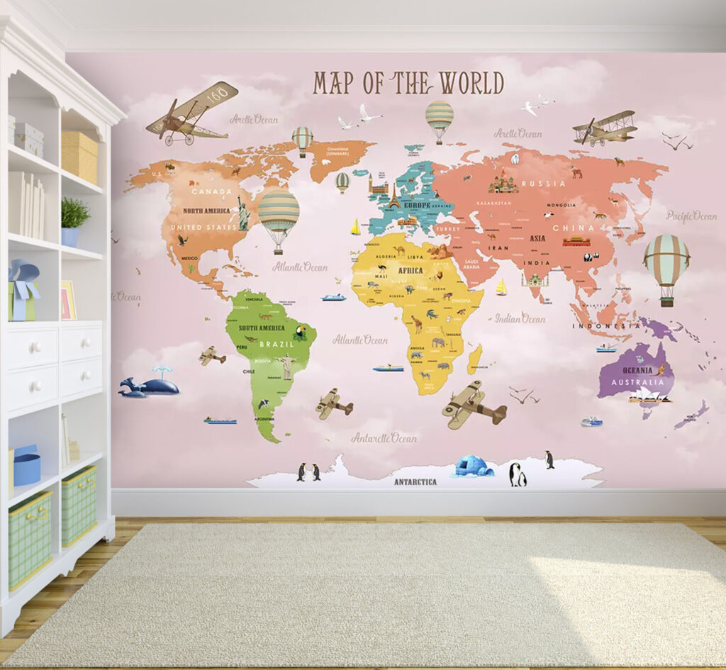 Colourful Kids World Map Wallpaper : Pink Sky Animal Atlas Mural - View 5