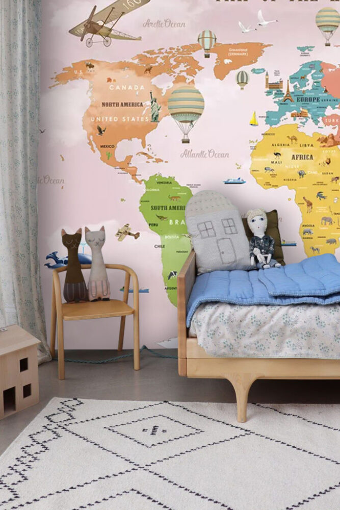Colourful Kids World Map Wallpaper : Pink Sky Animal Atlas Mural - View 4