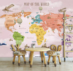 Colourful Kids World Map Wallpaper : Pink Sky Animal Atlas Mural - View 3