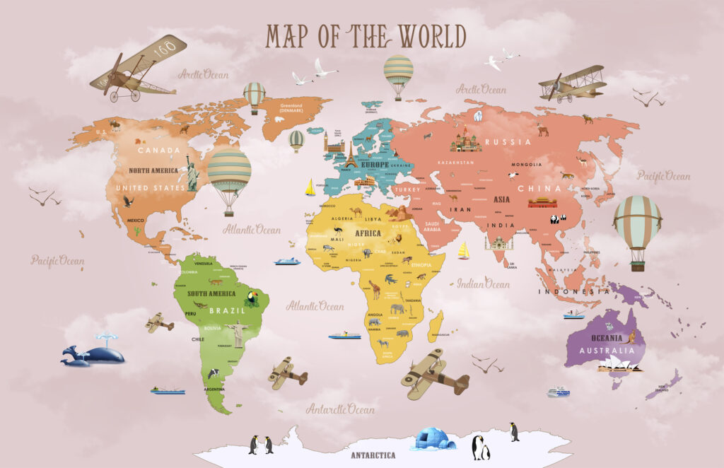 Colourful Kids World Map Wallpaper : Pink Sky Animal Atlas Mural - flat design