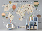 Grey Animal World Map Wallpaper : Hot Air Balloon Kids Mural