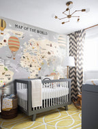 Grey Animal World Map Wallpaper : Hot Air Balloon Kids Mural - View 5