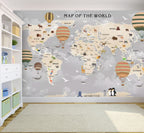 Grey Animal World Map Wallpaper : Hot Air Balloon Kids Mural - View 4