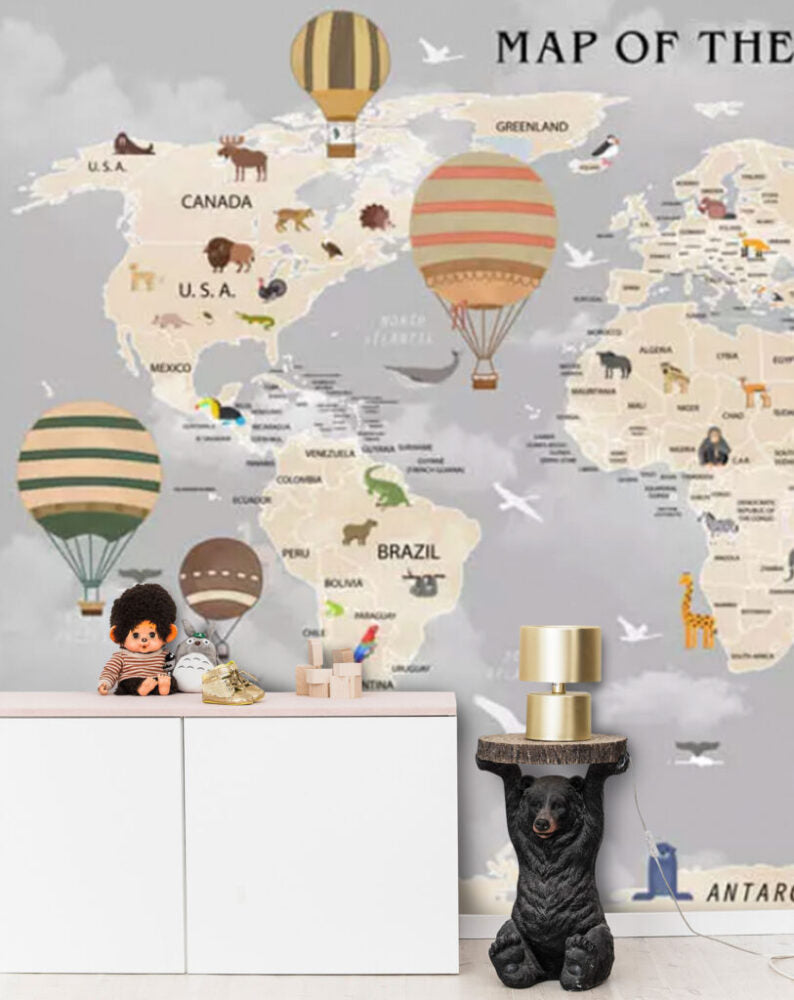 Grey Animal World Map Wallpaper : Hot Air Balloon Kids Mural - View 3