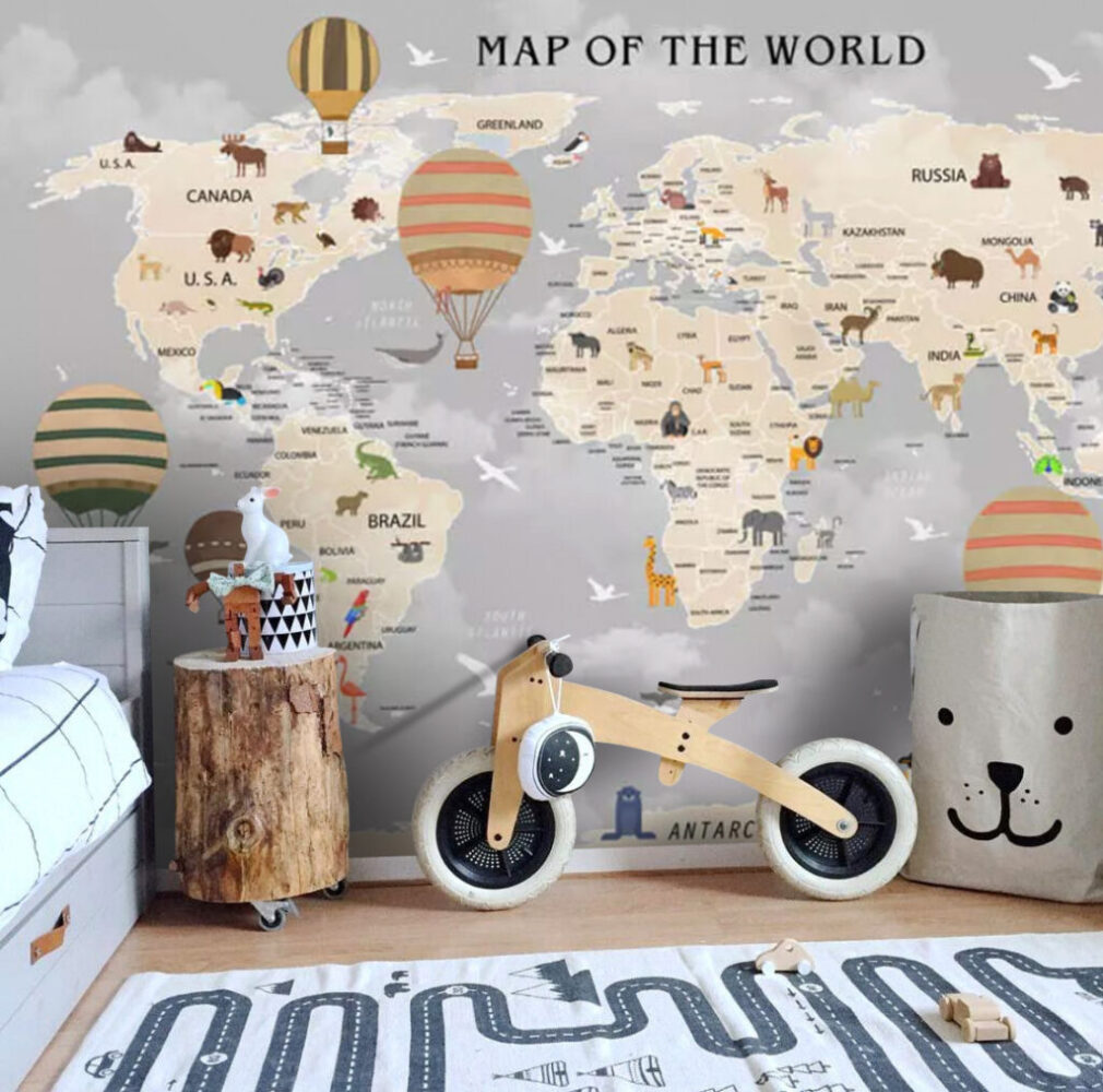 Grey Animal World Map Wallpaper : Hot Air Balloon Kids Mural - View 2