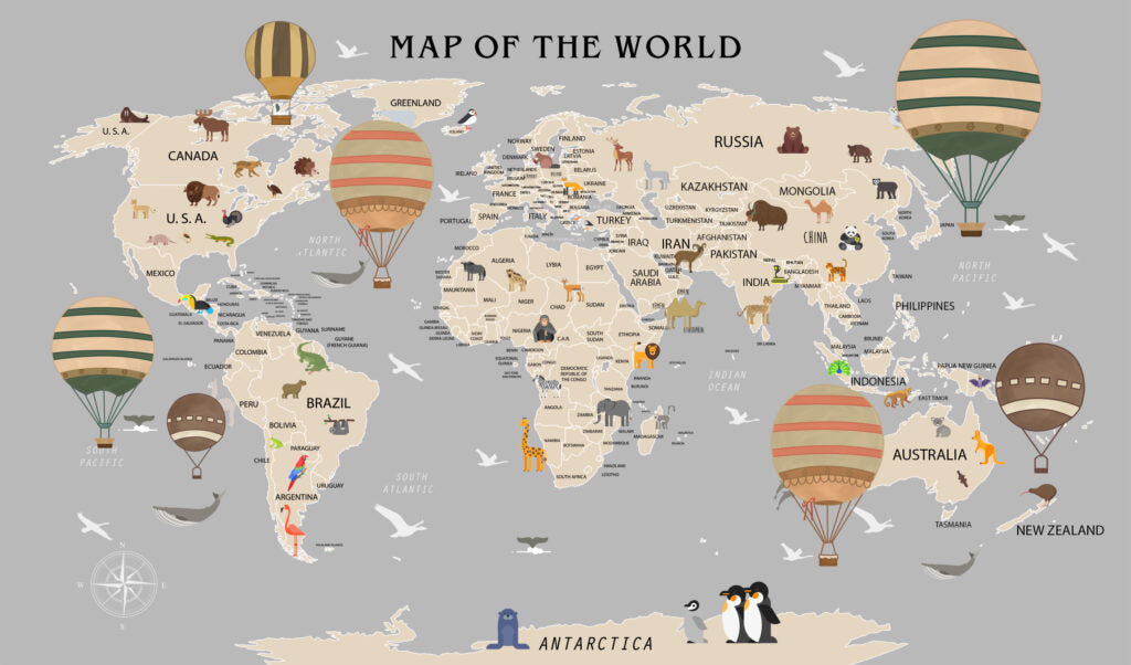 Grey Animal World Map Wallpaper : Hot Air Balloon Kids Mural - flat design
