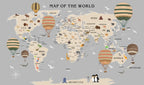 Grey Animal World Map Wallpaper : Hot Air Balloon Kids Mural - flat design