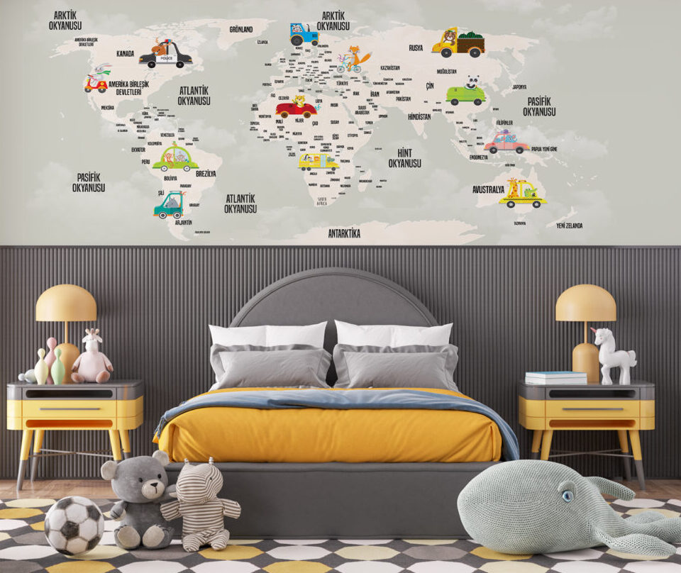 Turkish Kids World Map Wallpaper : Cartoon Vehicles Map Mural