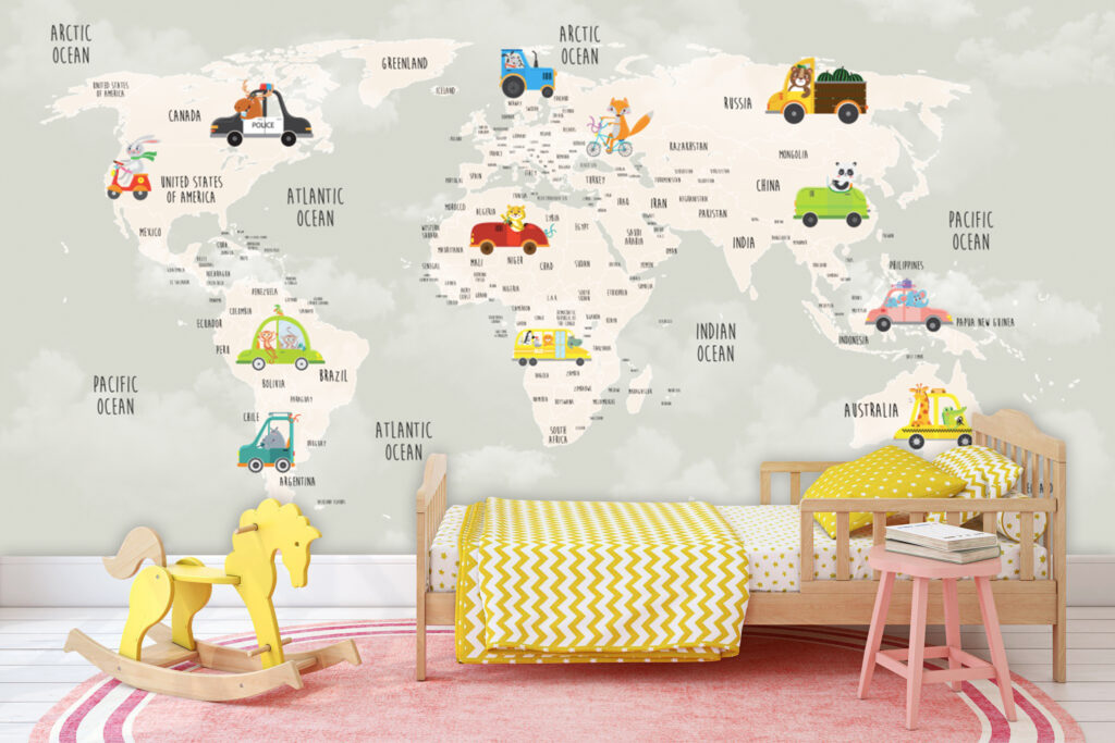Turkish Kids World Map Wallpaper : Cartoon Vehicles Map Mural - View 6