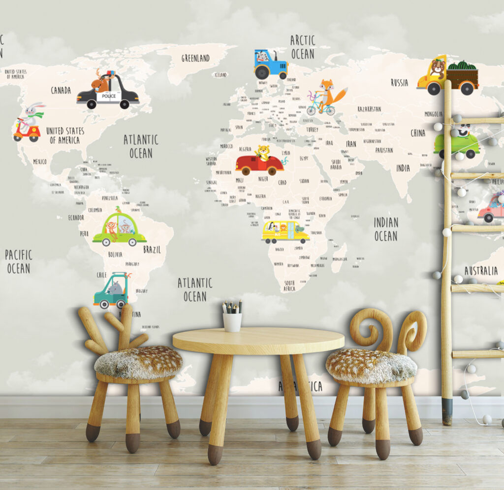 Turkish Kids World Map Wallpaper : Cartoon Vehicles Map Mural - View 5